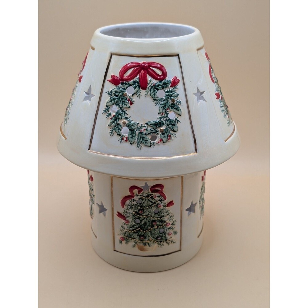 Large Cream Christmas Candle Holder & Shade Trees Wreaths Ceramic Decor